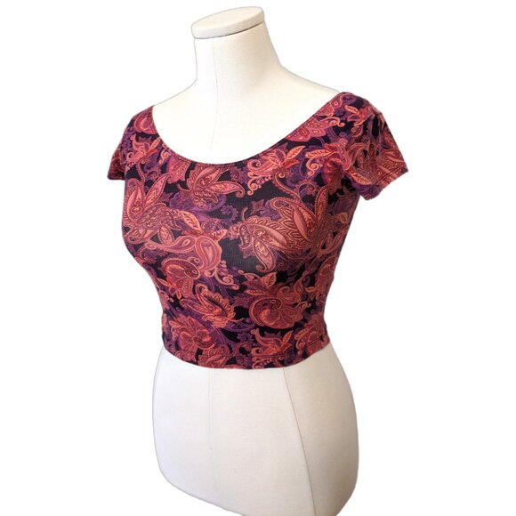 Womens Paisley Pink Crop Top Bodycon Boho Casual School T Shirt Ribbed Sz S - Picture 3 of 8